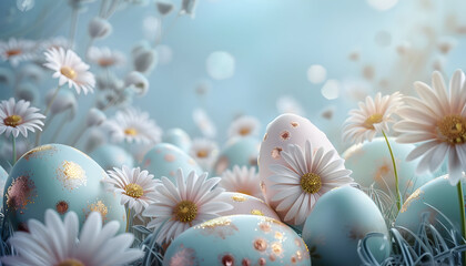 Easter eggs and daisies in a pastel blue and pink color palette.