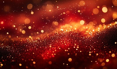 Red liquid with tints of golden glitters. Red background with a scattering of gold sparkles. Magic Galaxy of golden dust particles in red fluid with burgundy, Generative AI