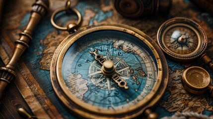 treasure map with compass and old nautical tools