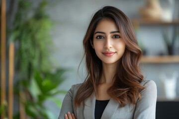 Full body business indian woman smart big eyes charming white woman smile in modern office,Friendly,Attractive, Generative AI