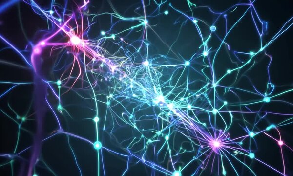 3D Animation of Neurons firing electrical impulses. Nerve Cell Activity in the Brain, Neurogenesis, Neurotransmitters, Synapse. Nervous System.