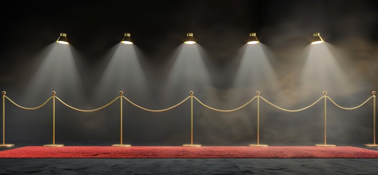 Red carpet with golden stanchions and spotlights.  Perfect for award ceremonies, movie premieres or other special events.