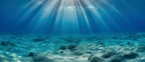 Fototapeta premium Sun rays under blue ocean surface from underwater, Blue ocean with sunlight, Dark blue ocean surface