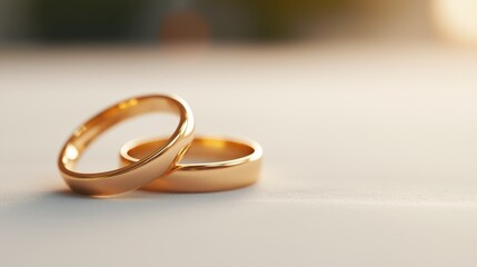 Two gold wedding rings resting side by side on a smooth surface illuminated by warm sunlight.