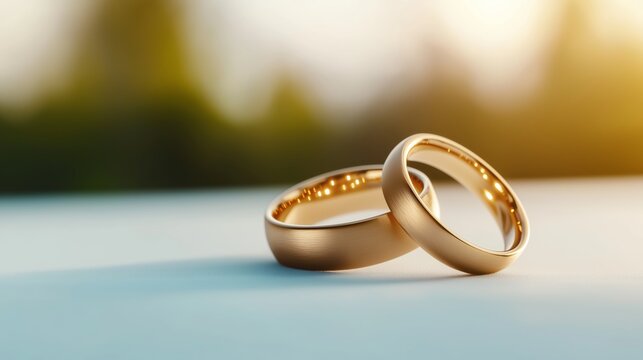 Two gold wedding rings resting on a surface with a warm glow in the background during a sunset.