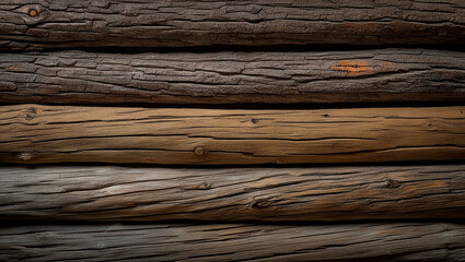 Obraz premium Wood log textured wall background, Wall made of grunge brown dwood logs, Tree bark wall pattern, Close up of wooden log wall