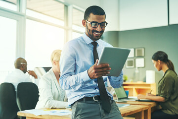 Man, tablet and reading with smile in office, meeting or thinking for progress, solution or notes...