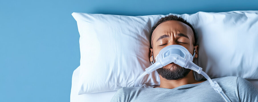 Man in bed wearing a CPAP mask, eyes closed, resting on white pillows, serene expression against a calming blue background, emphasizing sleep health and comfort.