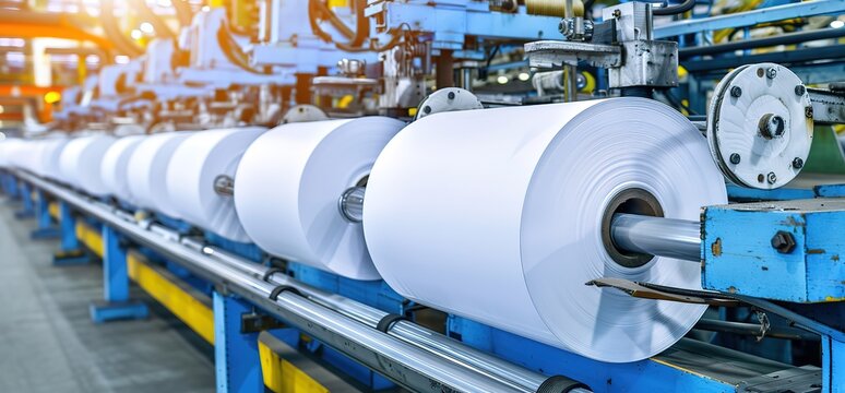 Industrial paper production line with large rolls of white paper being processed in a factory. Manufacturing, industry, machinery, production, automation.
