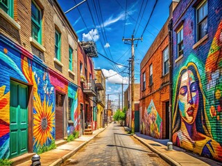 Fototapeta premium Vibrant street art adorns a gritty South Philly alleyway, with colorful murals and eclectic graffiti covering worn brick buildings beneath a sunny blue sky.