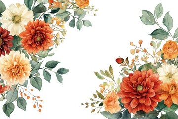 Autumn floral corner border with dahlia, rose and eucalyptus leaves. Fall frame, banner, background. Burnt orange flowers, yellow, terracotta foliage. Watercolor illustration. wedding, Generative AI