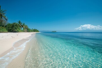 Obraz premium Wide Shot of White Sandy Beach in Balcoes with Small Island on Horizon and Clear Blue Sky