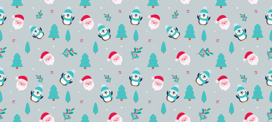 Christmas seamless pattern vector design. Santa claus, penguin, pine tree and holly berry icon for endless gift wrapper background. Vector illustration seamless pattern design. 
