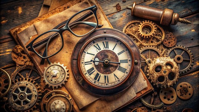 Vintage clock with worn wooden face and rusty gears, surrounded by old papers and broken spectacles, conveying a sense of nostalgia and forgotten memories.