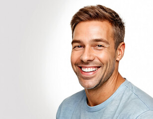 Fototapeta premium Smiling man with light brown hair wearing a blue shirt against a neutral background