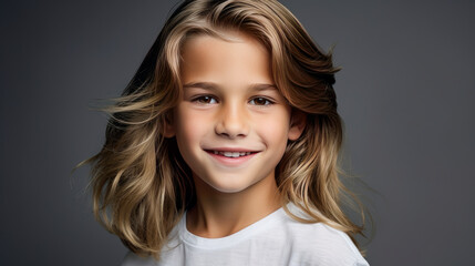 Fototapeta premium Portrait of a beautiful, happy smiling boy with long hair and perfect skin, silver background, banner.