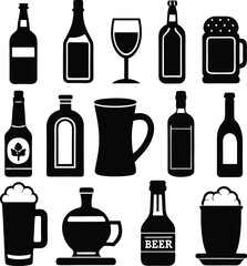 Different Types of Alcohol Dark Silhouette Shapes Vector Set