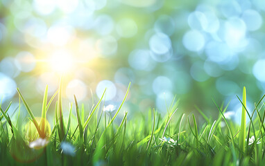 Obraz premium Close up of green grass with a bright, blurred background of green and blue bokeh.