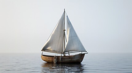 Fototapeta premium A model sailboat with white sails peacefully floats on a gray background