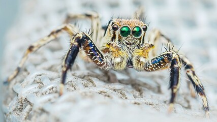 Jumping spider standing on wire screen showing its green eyes.