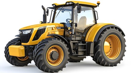 A powerful yellow tractor on a white background, showcasing modern agricultural design.
