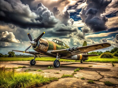 Vintage World War II-era fighter airplane, with worn camouflage paint and retro insignia, sits on a rural airstrip, surrounded by lush greenery and cloudy skies.
