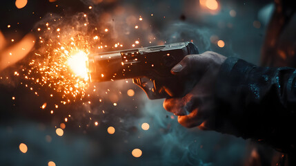 Gunman Fires Sparks in a Dark and Smoky Setting