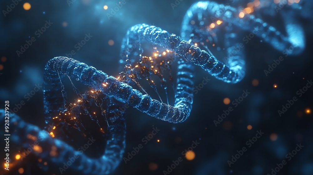Poster abstract blue dna helix with glowing particles.