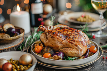 Roast chicken or turkey for Christmas and New Year with decorations, traditional holiday dinner