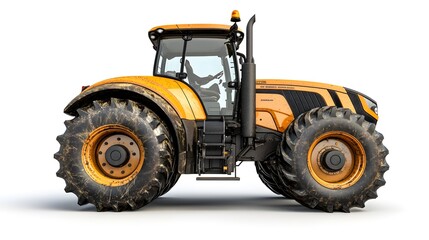 Obraz premium Detailed side view of a large, orange agricultural tractor with rugged tires.
