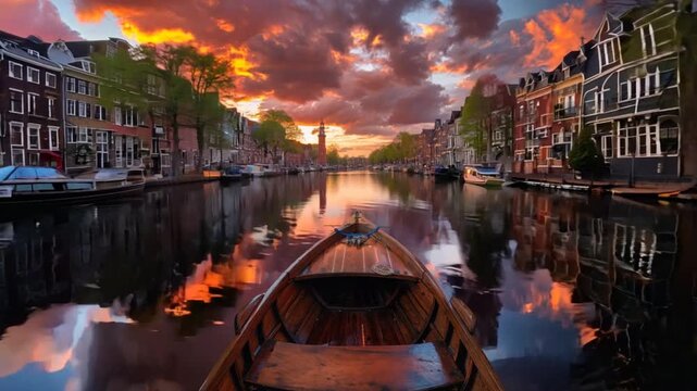 Amsterdam's canals are lined with tall, unique narrow houses. Each house has unique architectural details.