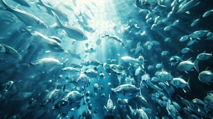 Fototapeta premium A group of goldfish swimming in a tank