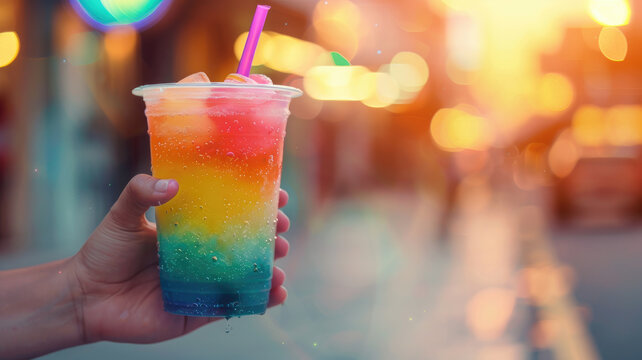 A vibrant, colorful layered chipped ice drink in a clear plastic cup held by a hand, with a blurred, sunlit outdoor background. Perfect for summer, refreshment, and festival themes.