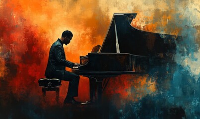 Male jazz or classical musician pianist playing a piano in a vintage abstract distressed style painting background for a poster or flyer, stock illustration, Generative AI
