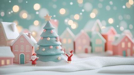 Pastel Christmas Village – Childlike Claymation Scene. A soft, pastel claymation of a snowy village with childlike houses and a large, simple Christmas tree in the town square.