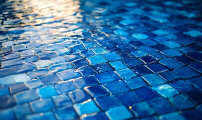 Naklejka premium The blue tiles floor under the clear water in the swimming pool background, Swimming pool surface with floor mosaic tiles in blue, Generative AI