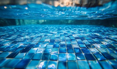 Obraz premium The blue tiles floor under the clear water in the swimming pool background, Swimming pool surface with floor mosaic tiles in blue, Generative AI