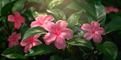 Catharanthus roseus bloom with lush green foliage resembling a crown