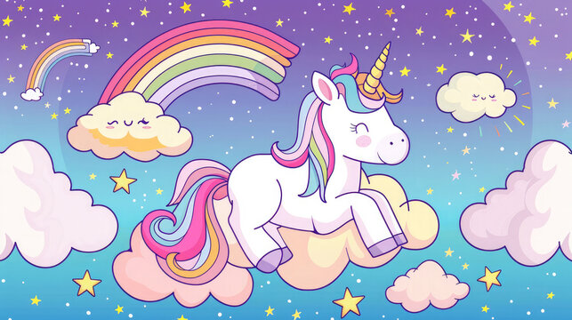 simple cartoon happy unicorn walking around clouds, stars and rainbow with many colors kids style
