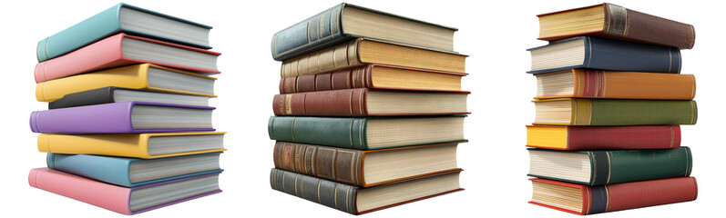Stacks of old and new hardcover books in various colors isolated on transparent background