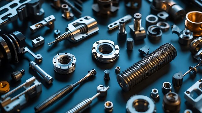 A collection of various metal parts, including nuts, bolts, and springs, arranged on a blue surface.