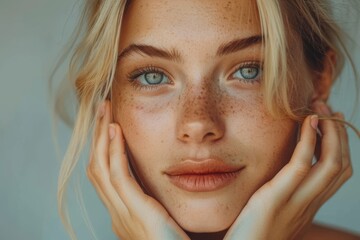 Fototapeta premium A close-up portrait of a woman with striking blue eyes and natural freckles, showcasing beauty and authenticity in a minimalist style..