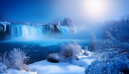 "Hyper-Realistic Winter Landscape: Blue Color Scheme, Bokeh Effect, Waterfall, Fog Over Lake, Insanely Detailed and Intricate, Hypermaximalist Elegance"snow, winter, forest, tree, landscape