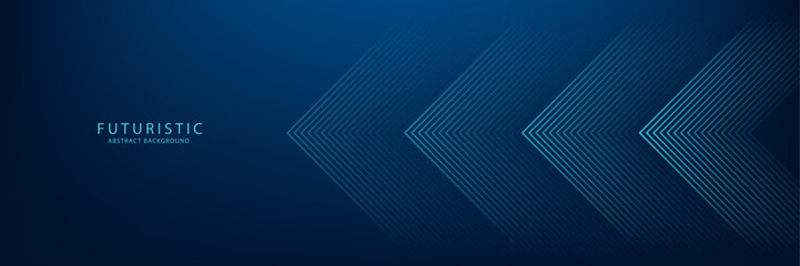 Dark blue abstract background with glowing arrow lines technology futuristic concept. Modern shiny blue geometric lines design. Horizontal banner template suit for cover, header, poster, banner, web