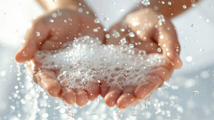 Fototapeta premium close-up of white foam soap in woman's hand on light background