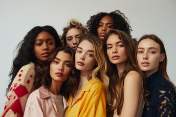 Fototapeta premium A diverse group of young women posing confidently together, highlighting beauty, diversity, and unity in a modern, inclusive portrait..