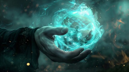 A mysterious hand holding a glowing blue orb of energy, surrounded by swirling ethereal mist in a dark, mystical atmosphere..