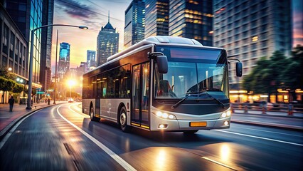 Fototapeta premium Modern eco-friendly electric bus drives down a bustling city street, its sleek design and bright headlights illuminated against a blurred urban background at dusk.