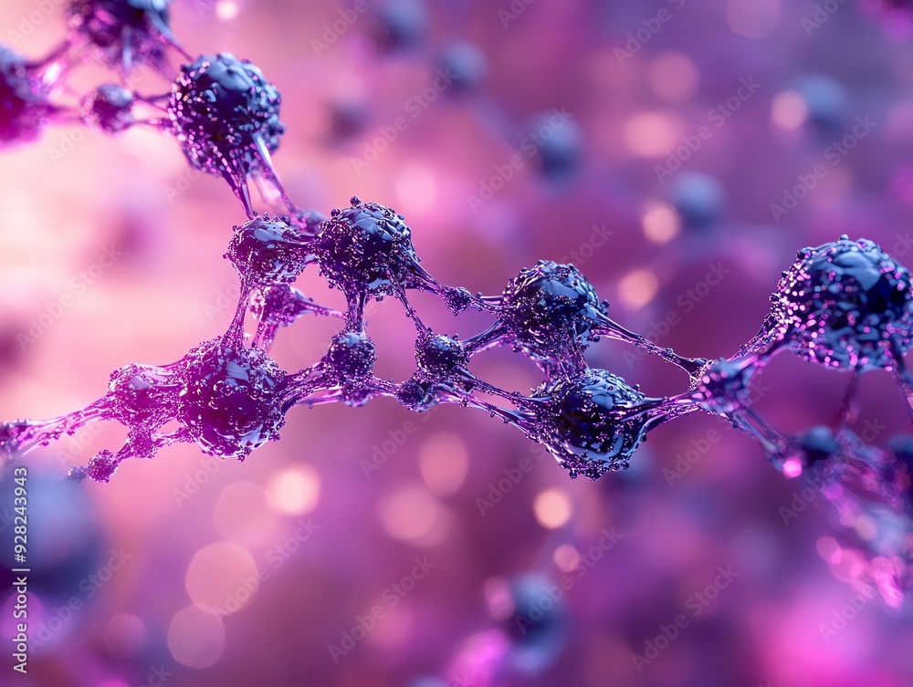 Poster abstract purple molecular structure, background with bokeh.