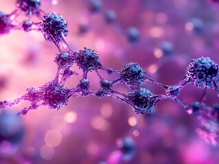 Abstract purple molecular structure,  background with bokeh.